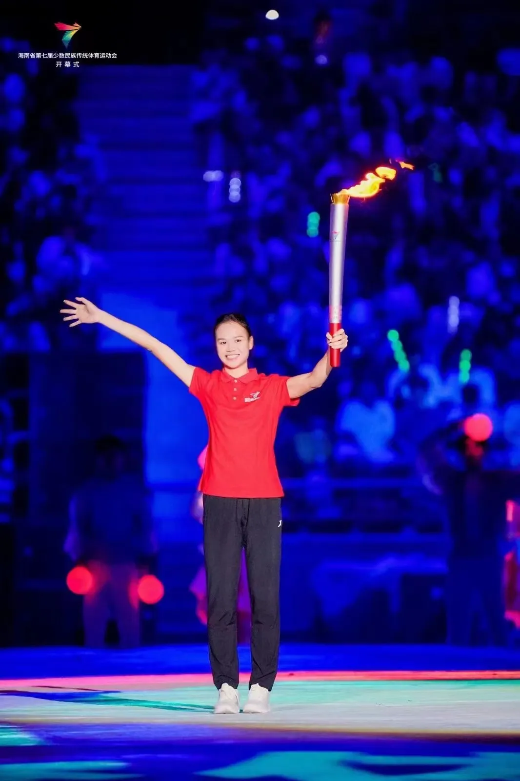林進(jìn)霞擔(dān)任海南省第七屆少數(shù)民族傳統(tǒng)體育運(yùn)動(dòng)會(huì)火炬手，點(diǎn)亮主火炬